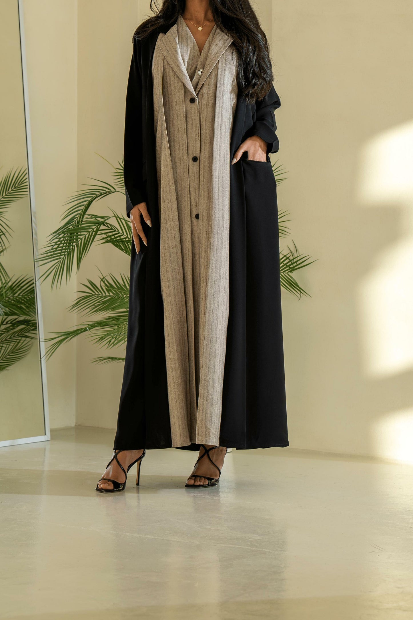 Black and Beige Striped Blazzer Abaya with Shaila