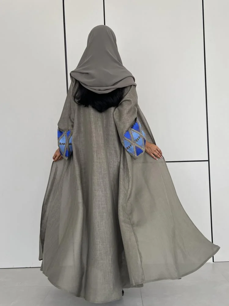 Grey abaya with Blue Embroidery on sleeves and Shyla