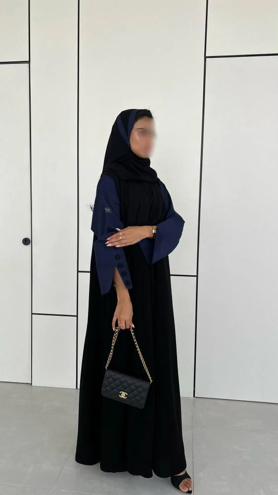 Black Abaya with Navy Blue sleeves with buttons