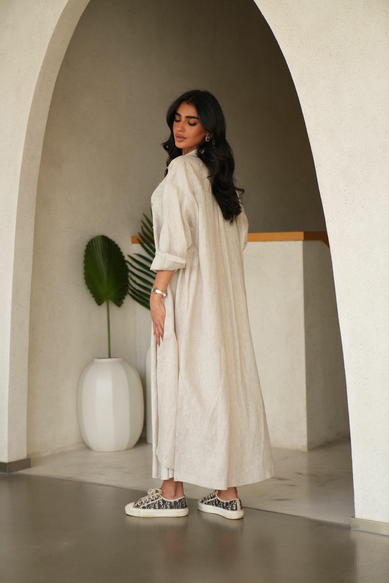 Beige Linen Abaya with Skirt and Shyla