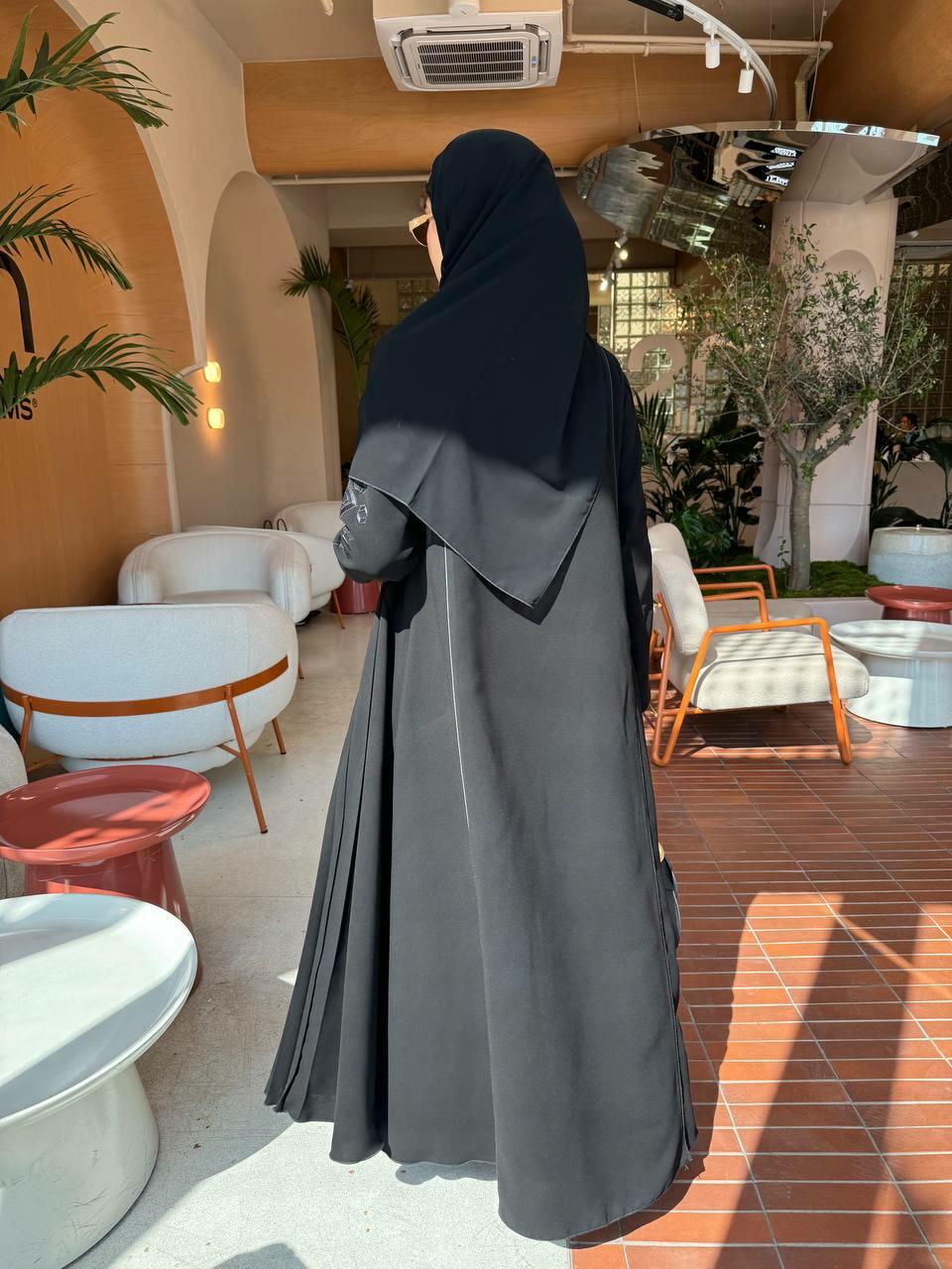 Black Abaya embroidery on sleeve pelisse sides