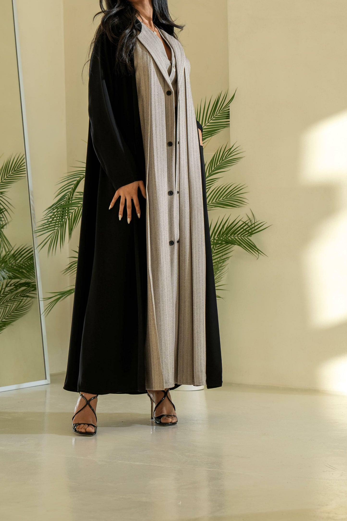 Black and Beige Striped Blazzer Abaya with Shaila