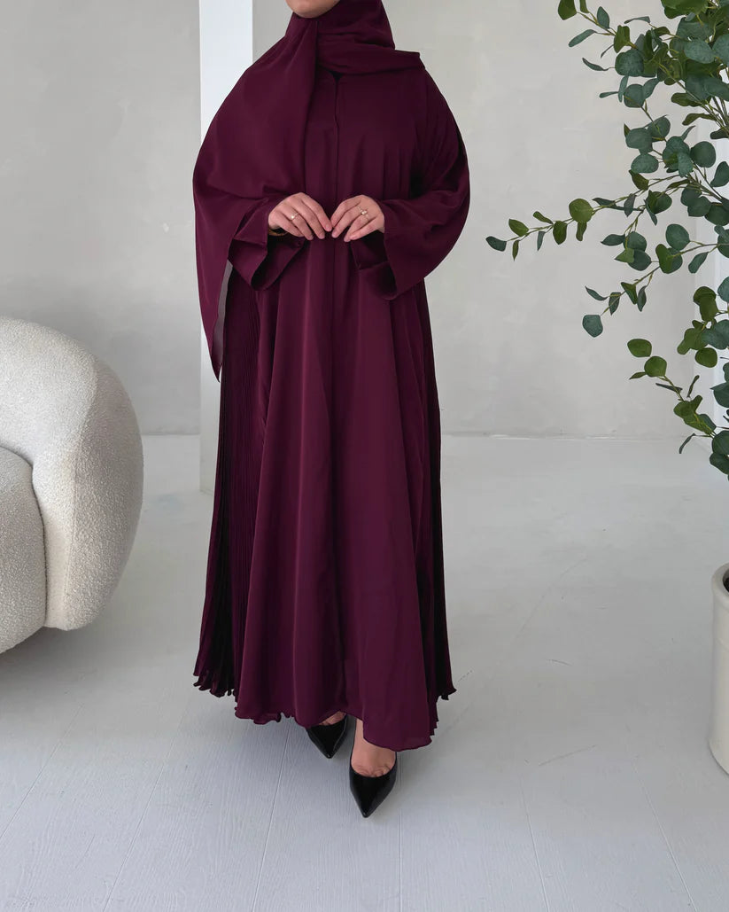 Burgundy Side pleated Abaya with Shaila