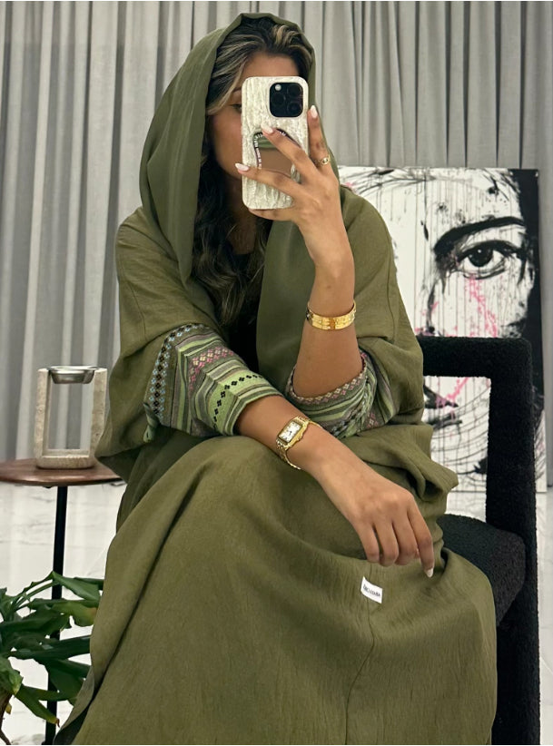 Olive green summer abaya with embroidered sleeves. Comes with a shayla.