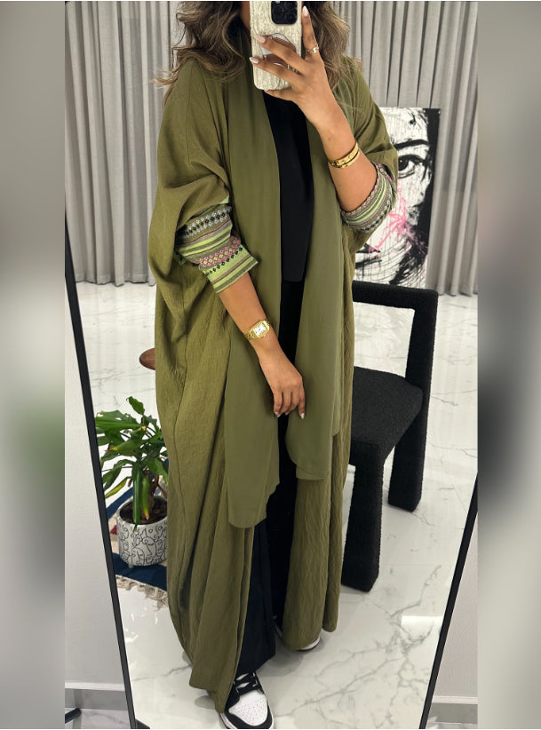 Olive green summer abaya with embroidered sleeves. Comes with a shayla.