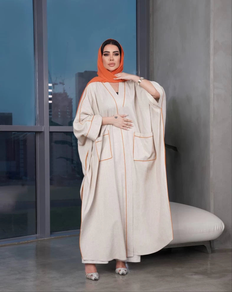 Linen Bisht Abaya with Orange contrast piping