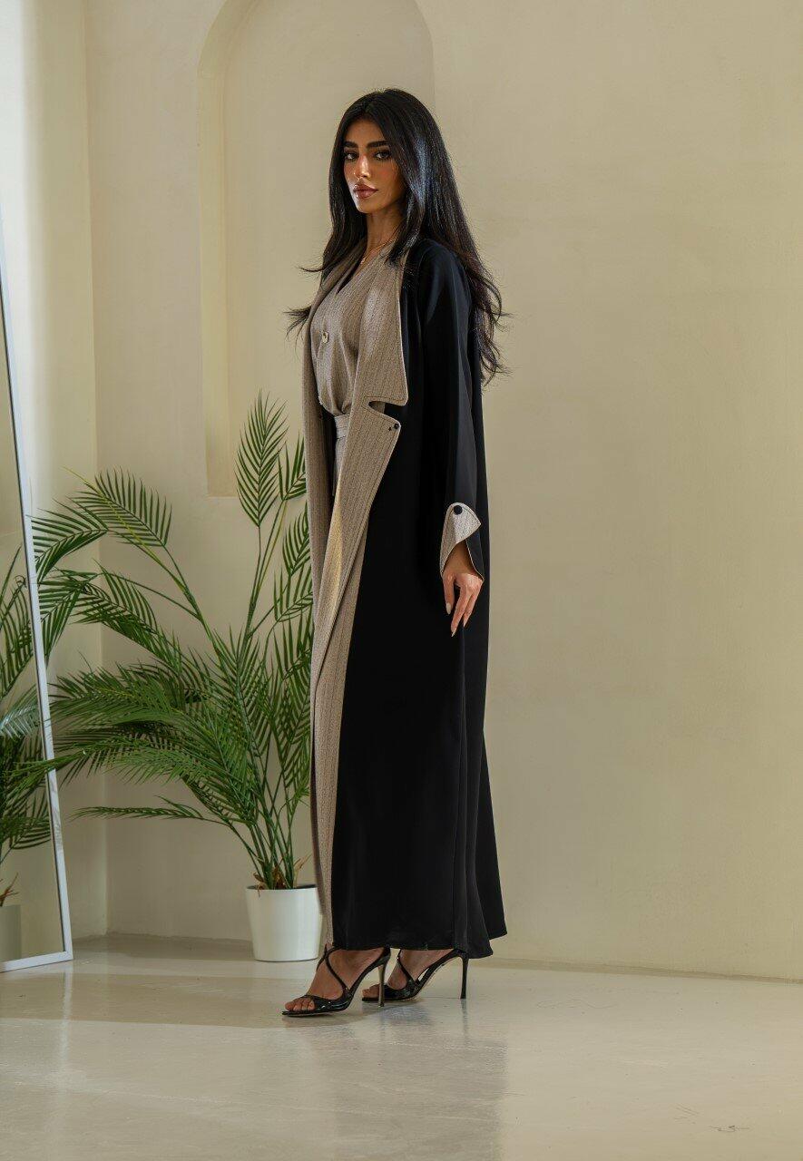 Black and Beige Striped Crepe Blazer Abaya