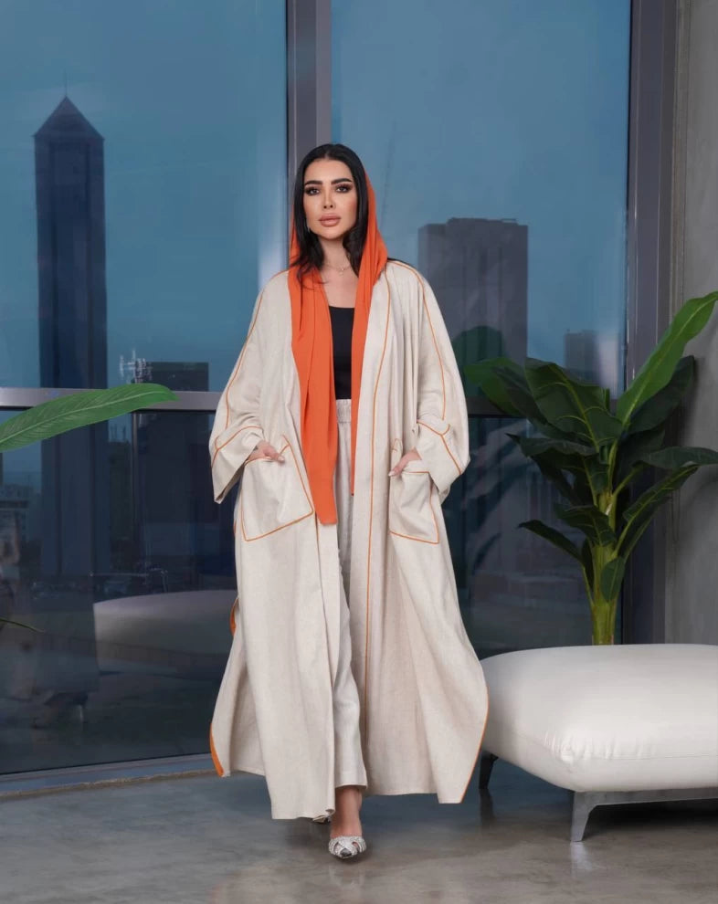 Linen Bisht Abaya with Orange contrast piping