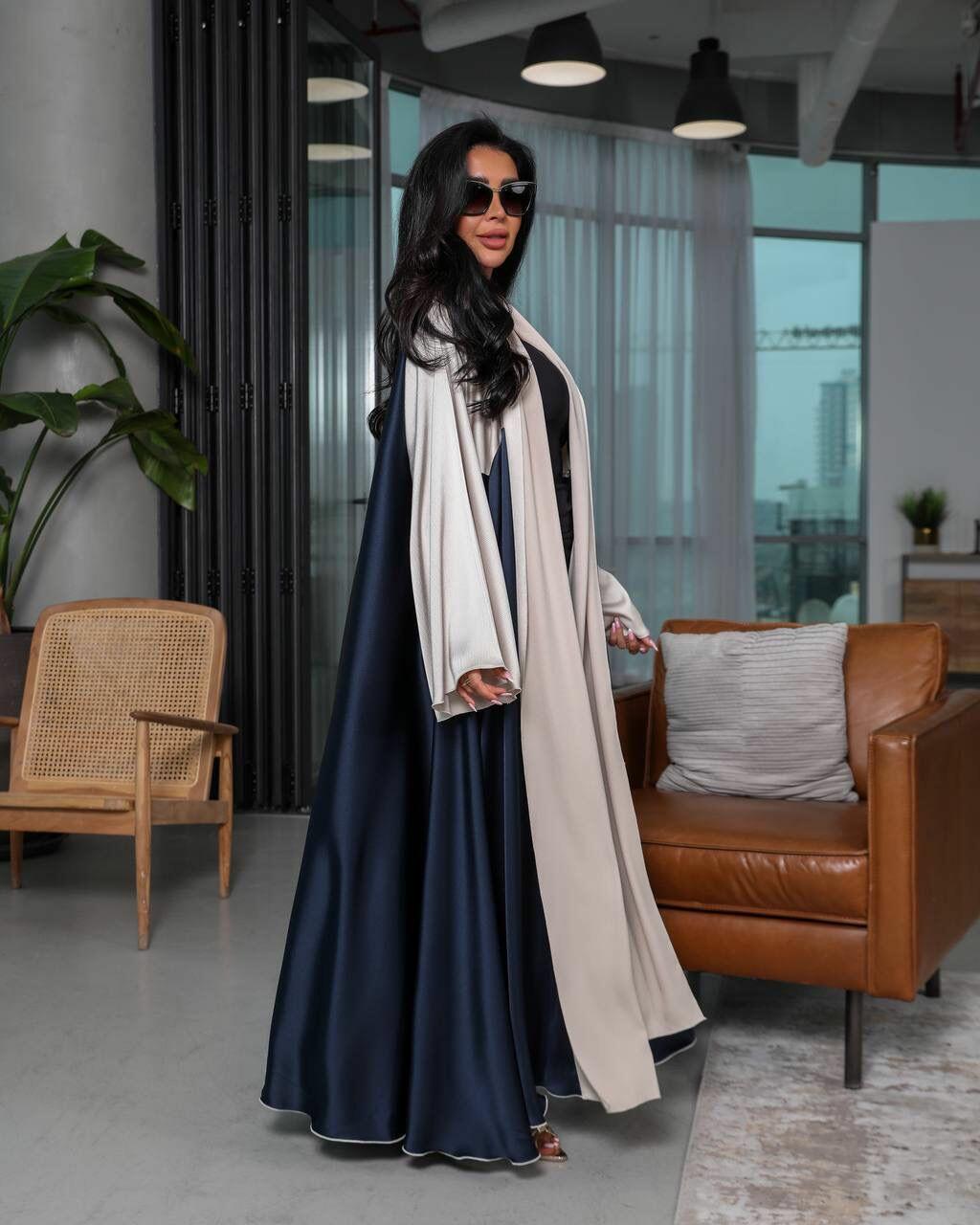 Simple Satin Silk Abaya - Black with Beige