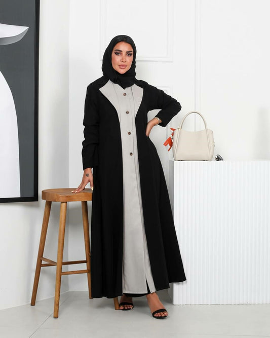 Black crepe abaya with beige