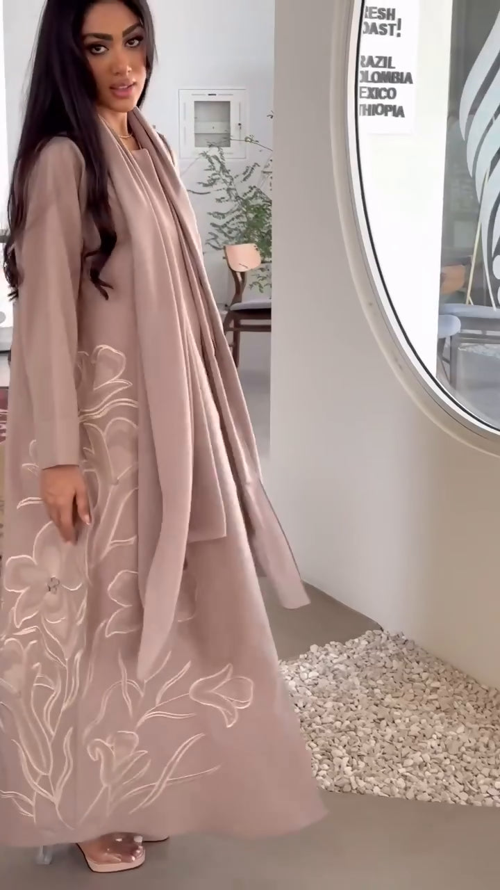 Floral Embroidered Abaya with Shaila, Soft Beige