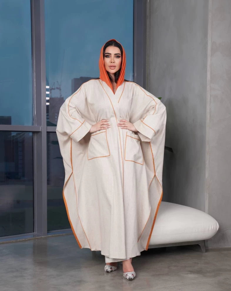 Linen Bisht Abaya with Orange contrast piping