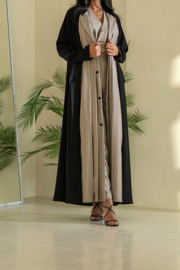 Black and Beige Striped Blazzer Abaya with Shaila