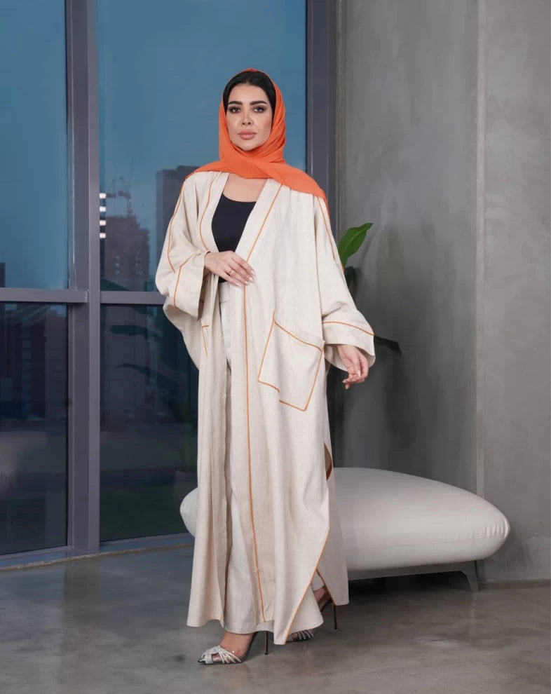 Linen Bisht Abaya with Orange contrast piping