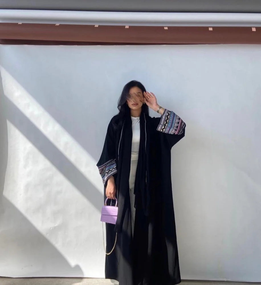 Black Abaya with Vibrant Geometric Sleeve Details