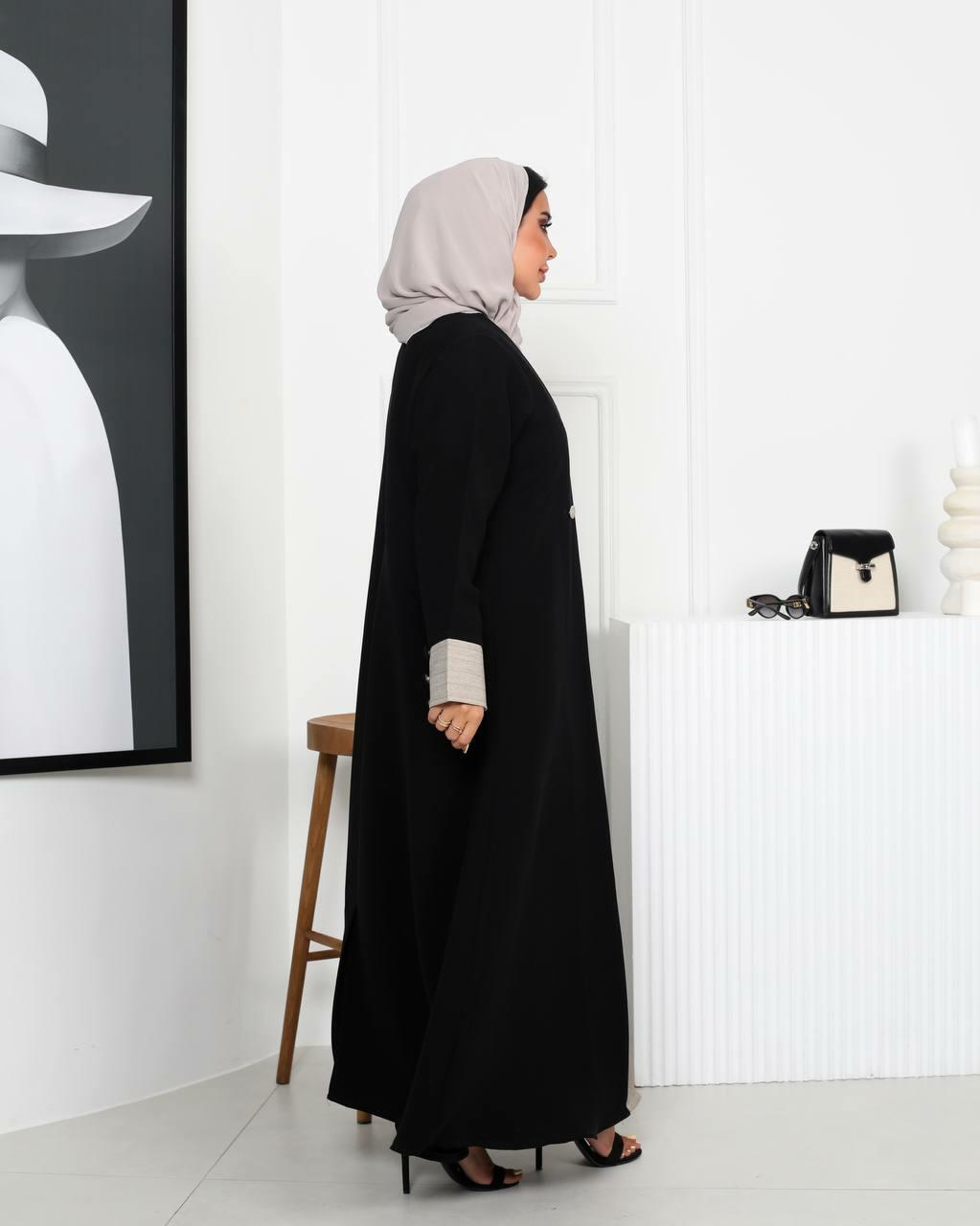 Black crepe blazer abaya with a beige striped pattern