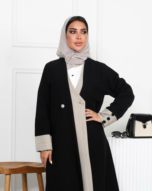 Black crepe blazer abaya with a beige striped pattern