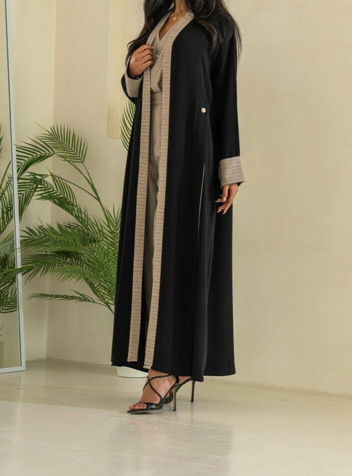 Black and Beige Striped Crepe Abaya