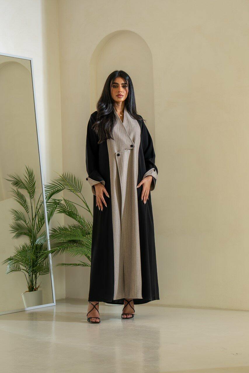 Black and Beige Striped Crepe Blazer Abaya