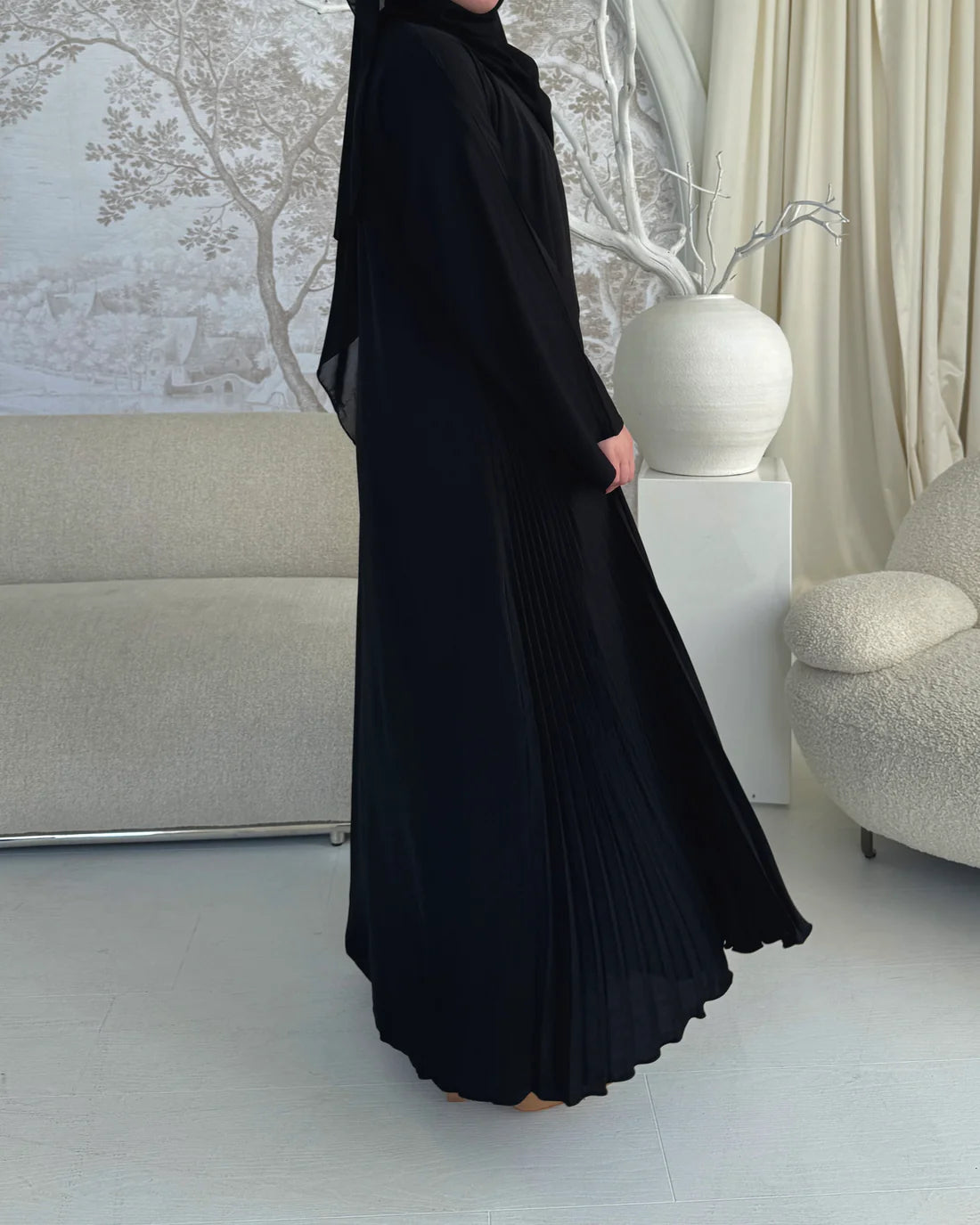 Black Side pleated Abaya with Shaila