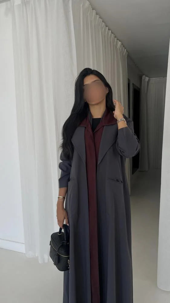 Grey & Burgundy Blazer Abaya