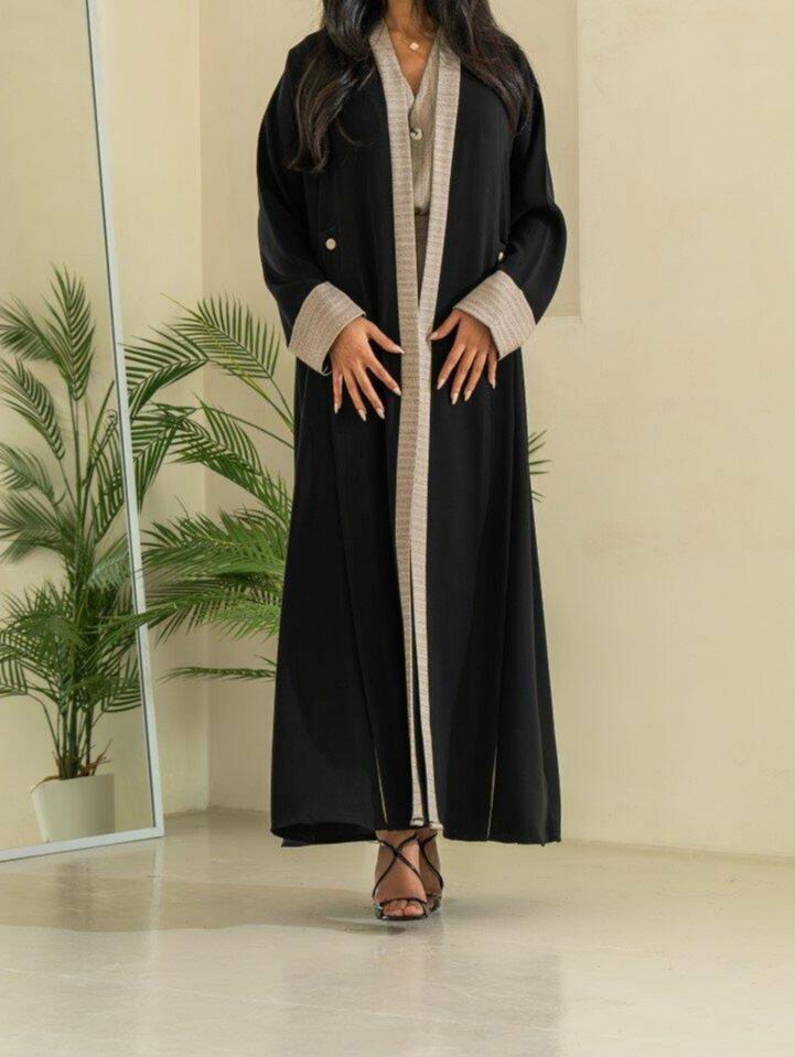 Black and Beige Striped Crepe Abaya