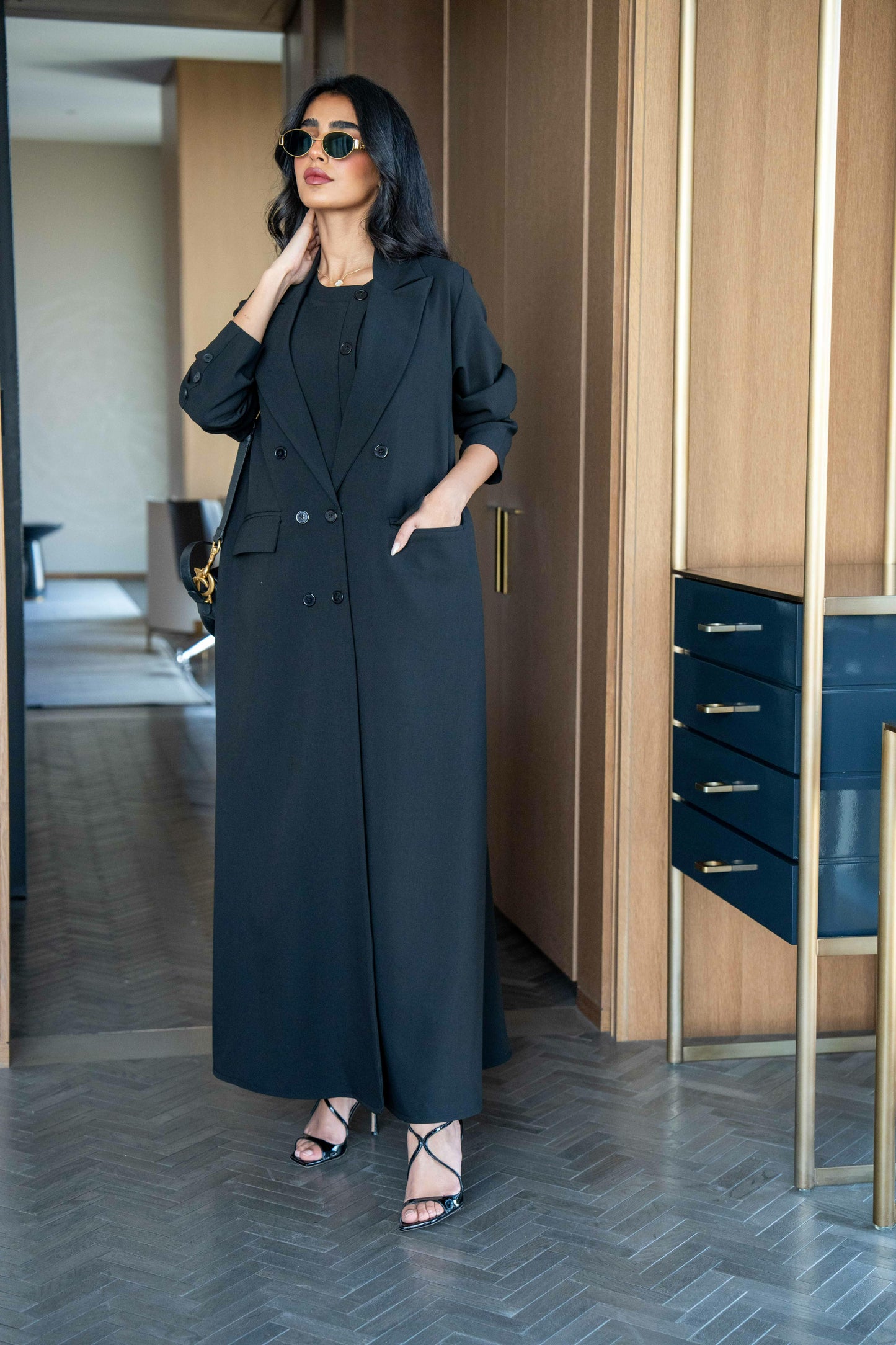 Crepe blazer abaya, Black