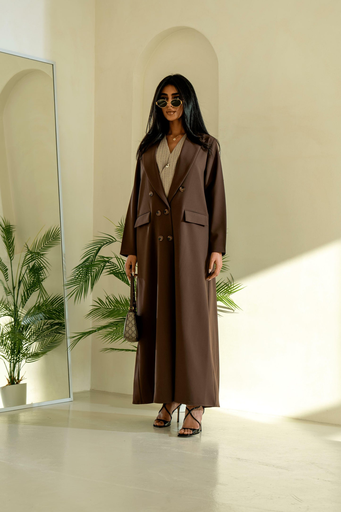 Crepe blazer abaya, Brown