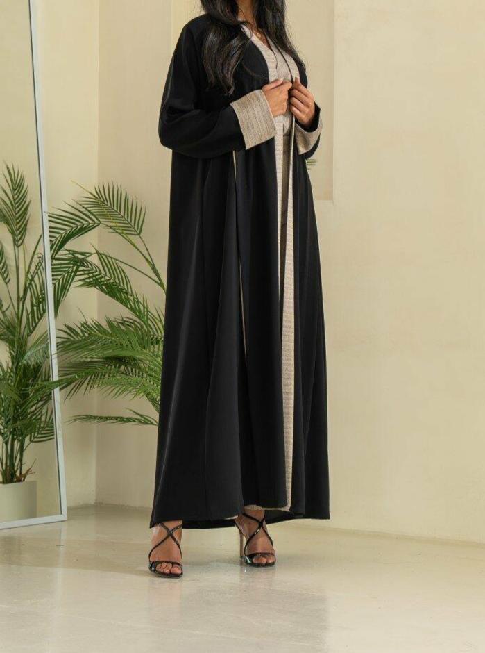 Black and Beige Striped Crepe Abaya