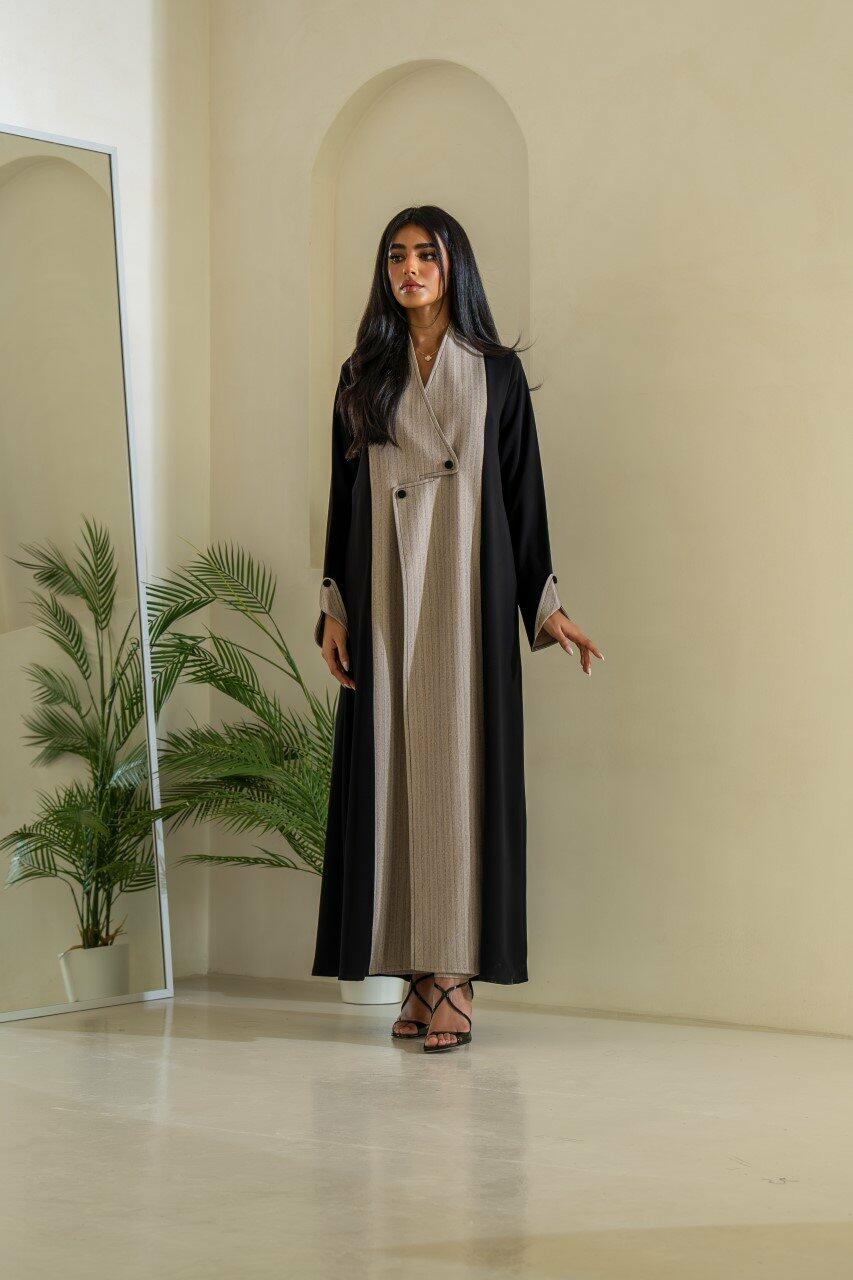 Black and Beige Striped Crepe Blazer Abaya