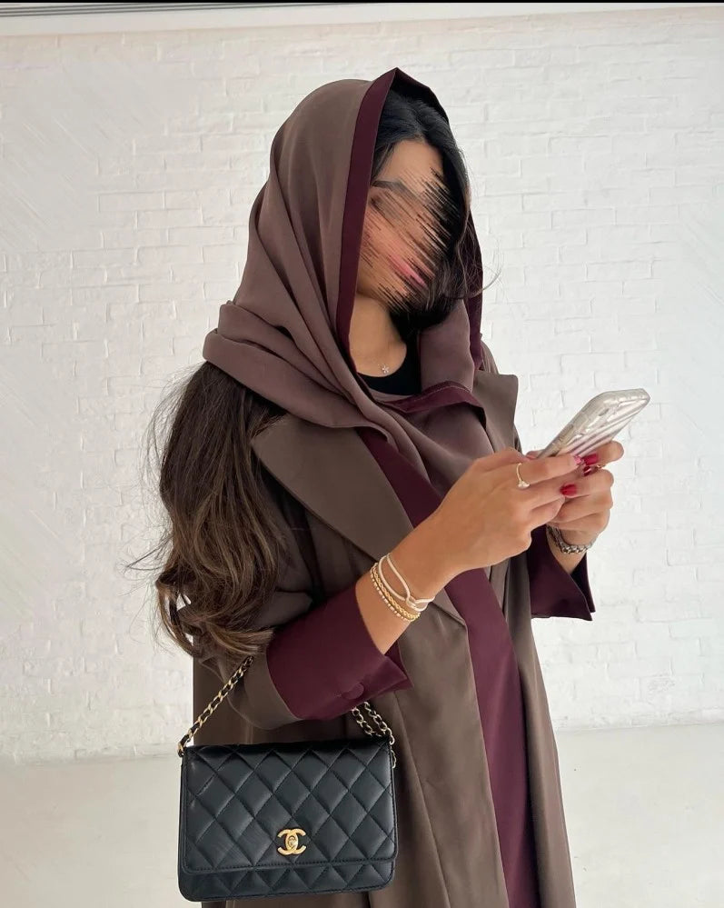 Chocolate Brown Abaya with Burgundy Details