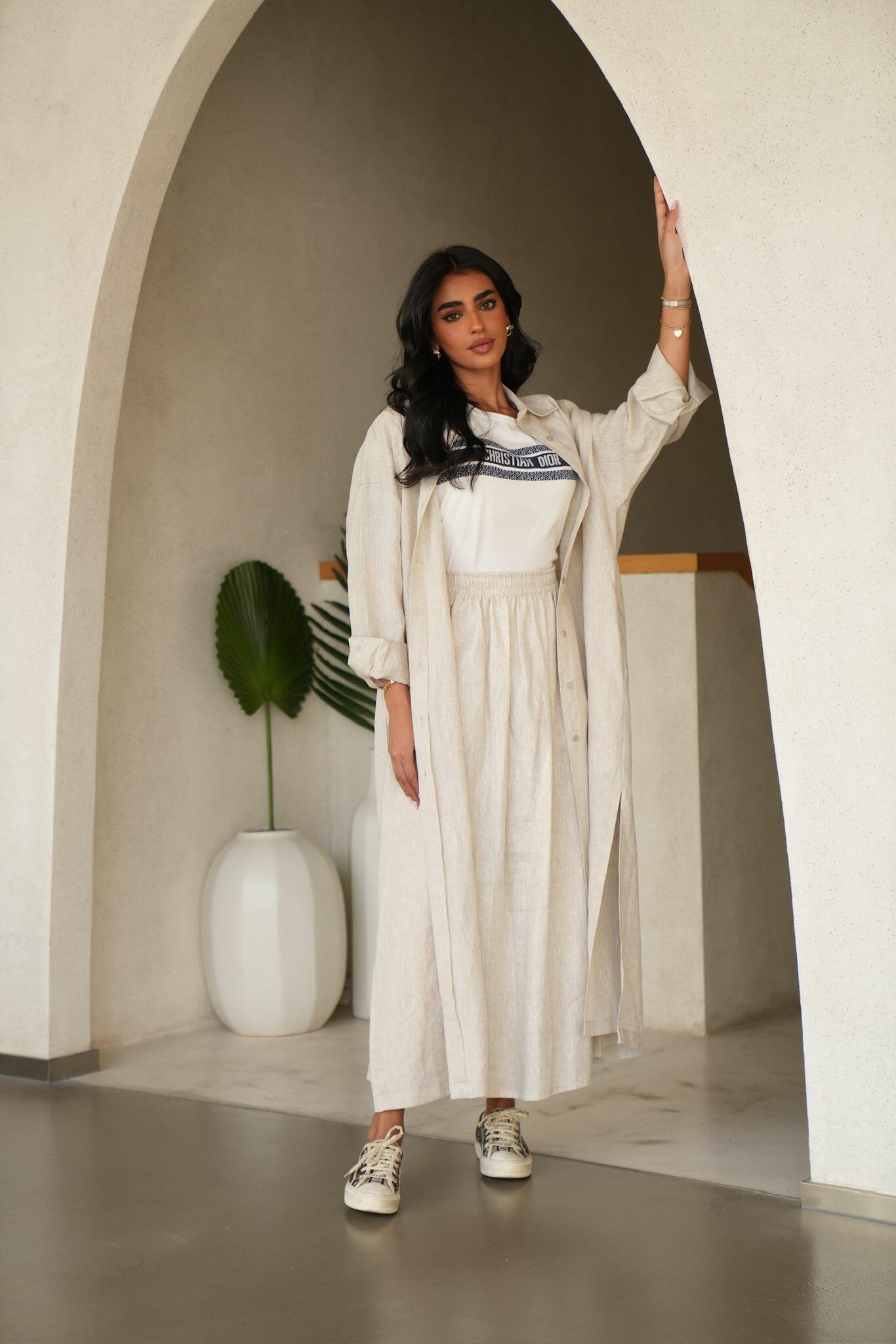 Beige Linen Abaya with Skirt and Shyla