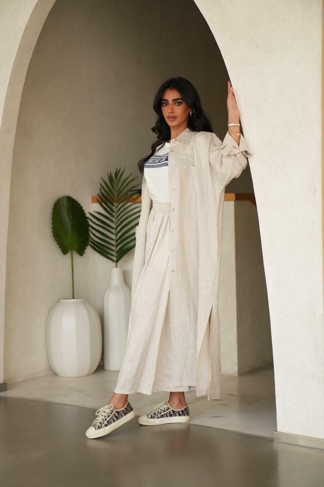 Beige Linen Abaya with Skirt and Shyla