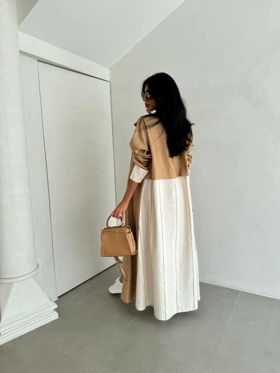 Beige and Ivory Flare Linen Abaya with matching pants and Shyla