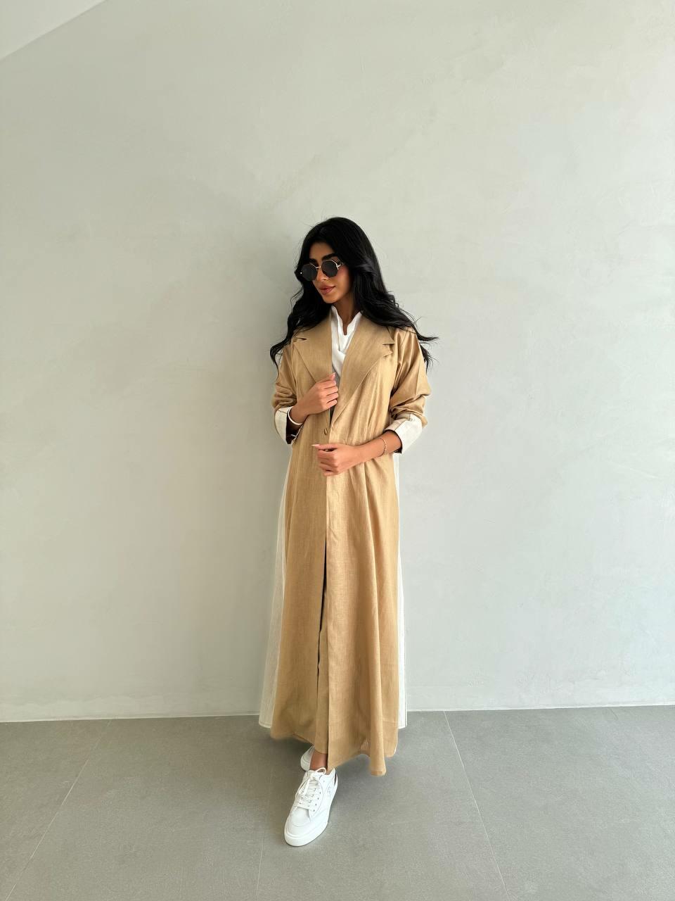 Beige and Ivory Flare Linen Abaya with matching pants and Shyla