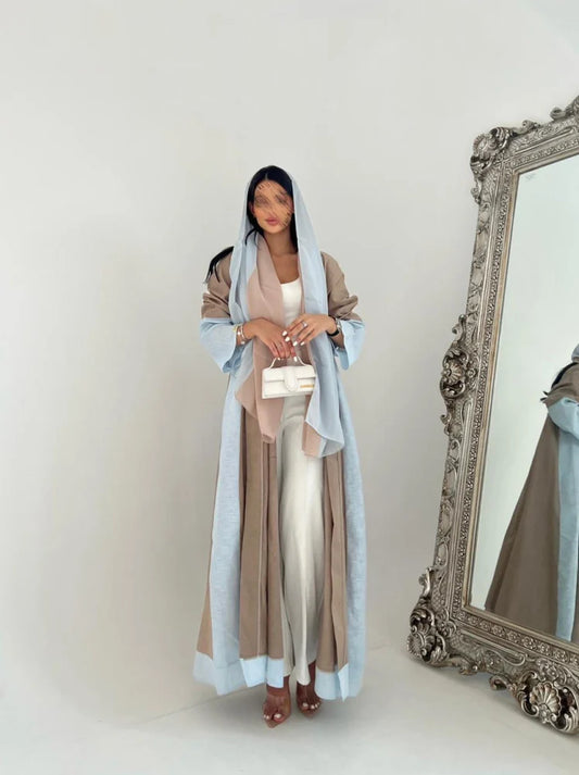 Beige and Blue Color Block Abaya