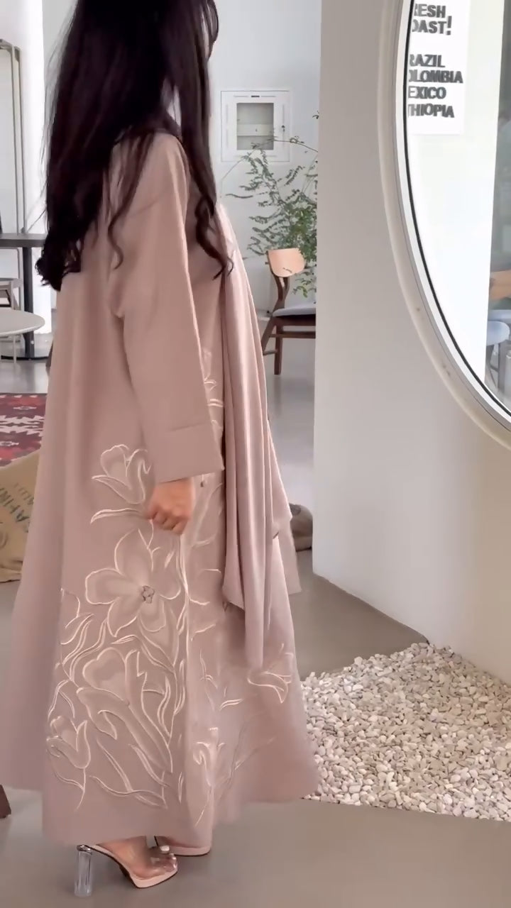 Floral Embroidered Abaya with Shaila, Soft Beige