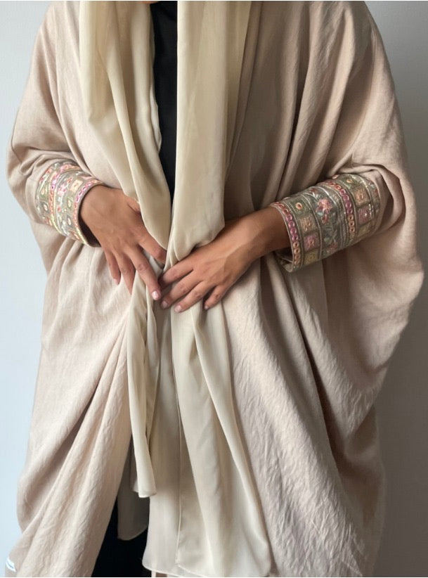 Beige Abaya with embroidered sleeves and matching Shayla