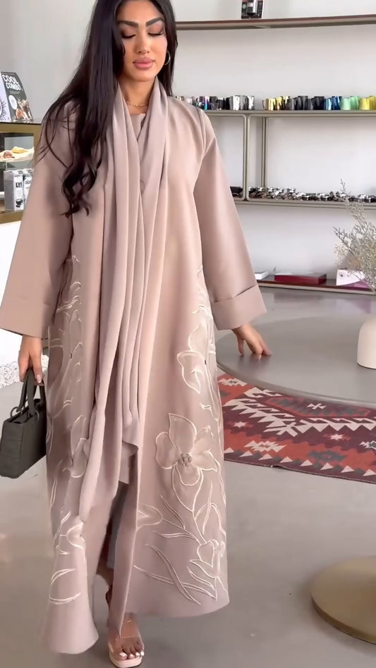 Floral Embroidered Abaya with Shaila, Soft Beige