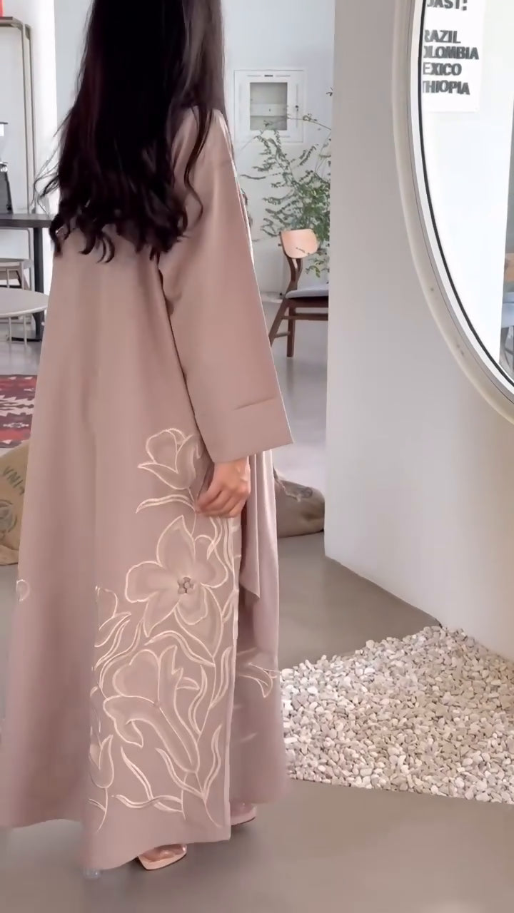 Floral Embroidered Abaya with Shaila, Soft Beige