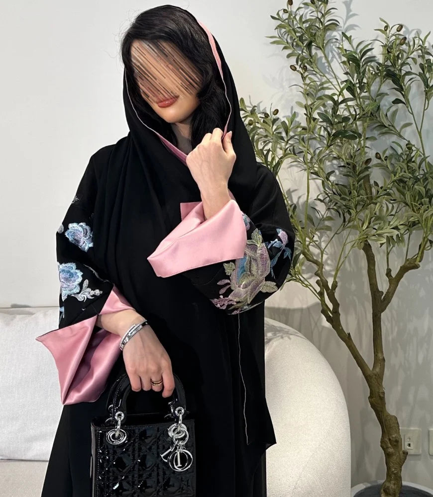 Floral Embroidered Abaya with Shyla, Black with pink