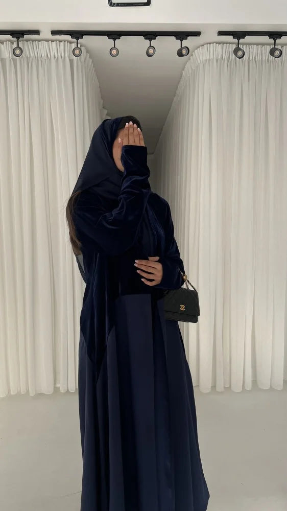 Winter Collection - 01, Blue Valvet Abaya with Crepe