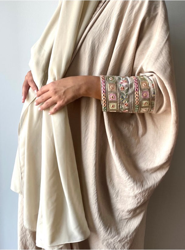 Beige Abaya with embroidered sleeves and matching Shayla