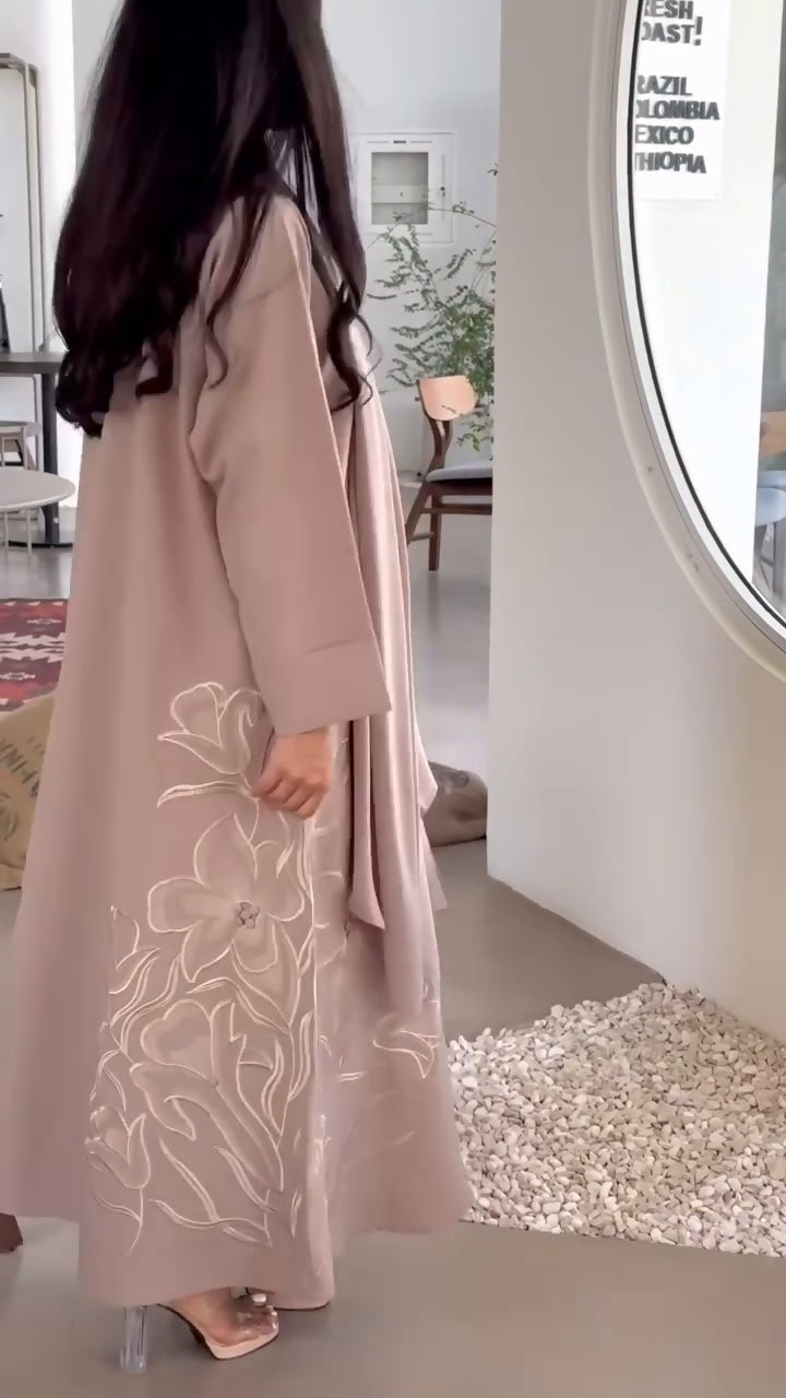 Floral Embroidered Abaya with Shaila, Soft Beige