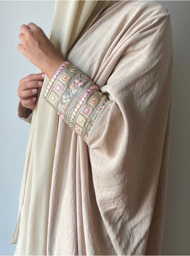 Beige Abaya with embroidered sleeves and matching Shayla