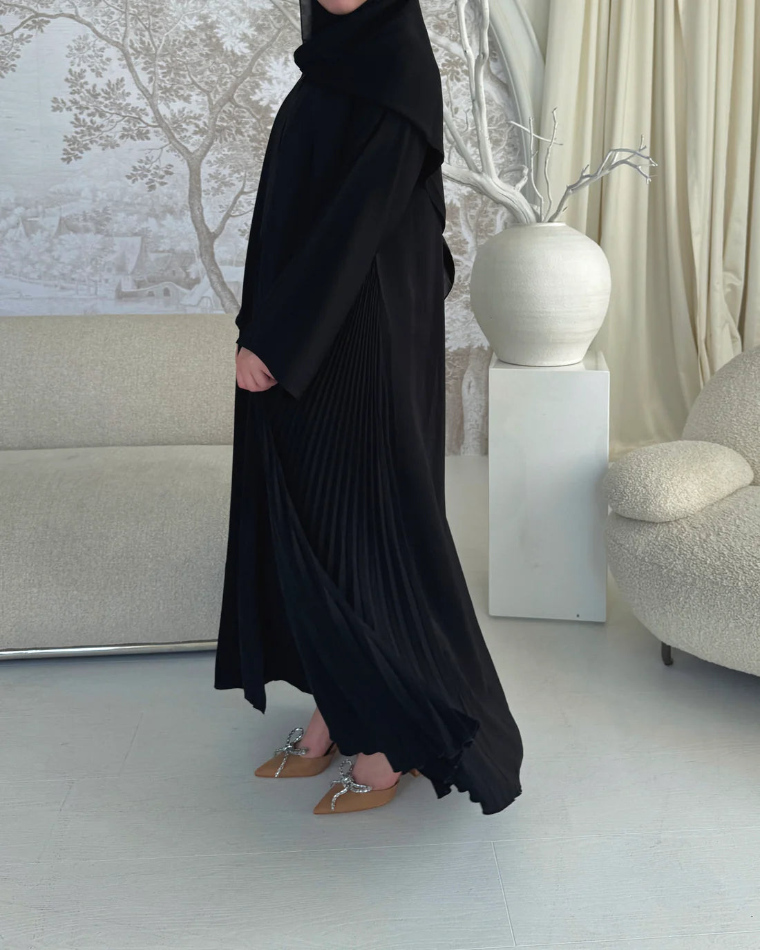 Black Side pleated Abaya with Shaila