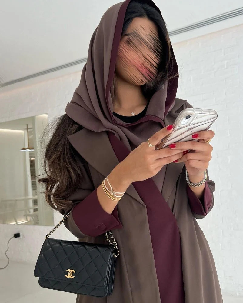 Chocolate Brown Abaya with Burgundy Details