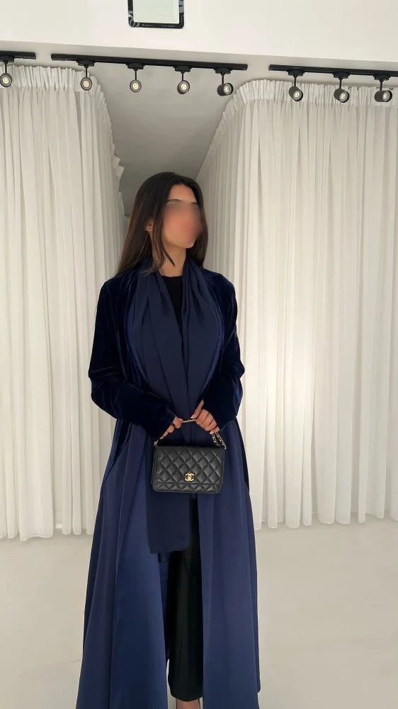 Winter Collection - 01, Blue Valvet Abaya with Crepe