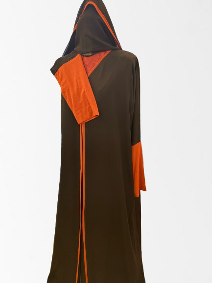 Black Nada Abaya with Jersy sleeves, burnt orange