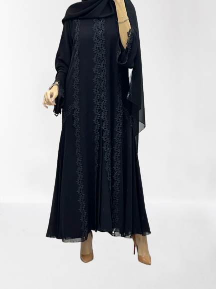 Classic Lace Abaya with Shaila, black, L0130